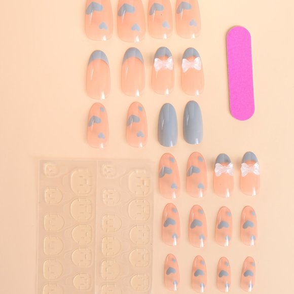 🎀💙NEW Luxury Heart Bow 3D Design Oval Long Light Blue Nails - 24 pcs 💙🎀 - Picture 3 of 5
